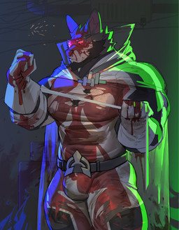 anthro backlighting bandage bandaged_arm barazoku beard belt belt_buckle big_ears blood bodily_fluids buckle bulge cape chest_tuft clothing covered_in_blood eyewear facial_hair frown glasses gloves goggles handwear light male muscular muscular_male pecs pipe red_eyes skinsuit solo sparks superhero superhero_costume tight_clothing torn_clothing tuft wire uriex clive_the_wolf_(uriex) canid canine canis mammal wolf hi_res lighting