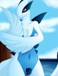 anthro anthrofied breasts cloud female genitals nipples non-mammal_breasts non-mammal_nipples nude outside pokemorph pose pubes pussy red_eyes seaside sky solo tail water c0sm0 nintendo pokemon avian generation_2_pokemon legendary_pokemon lugia pokemon_(species)