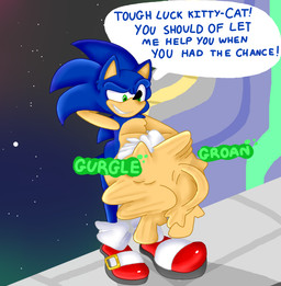 4_fingers abdominal_bulge anthro blue_body blue_fur body_outline clothing dialogue duo female female_prey fingers footwear fur gloves green_eyes grin hand_behind_head handwear male male_pred onomatopoeia red_clothing red_footwear red_shoes red_sneakers rumbling_stomach shoes smile smug smug_grin sneakers sound_effects space speech_bubble standing struggling struggling_prey text unwilling_prey vore white_clothing white_gloves white_handwear toffee-the-dingo sega sonic_the_hedgehog_(series) blaze_the_cat sonic_the_hedgehog domestic_cat eulipotyphlan felid feline felis hedgehog mammal 2020 english_text hi_res