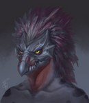 anthro avian_caruncle beak clothed clothing fangs feather_hair feathered_crest feathers grey_body grey_skin head_crest looking_at_viewer male multicolored_body multicolored_feathers pseudo_hair pupils red_neck simple_background slit_pupils solo teeth topless yellow_eyes youngjinja halo_(series) microsoft xbox_game_studios rar-zec alien avian kig-yar scalie t'vaoan 2022 bust_portrait colored portrait shaded