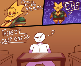 anthro bedroom_eyes big_breasts black_eyes breasts buckteeth cleavage clothed clothing desk dialogue dot_eyes duo ellipsis eyebrows featureless_crotch female freckles front_view frown furniture huge_breasts huge_thighs male narrowed_eyes non-mammal_breasts questioning_ellipsis raised_eyebrow raised_eyebrows scales seductive short_stack simple_eyes sitting speech_bubble table teacher teeth text thick_thighs white_body wide_hips yellow_body yellow_scales derocrossh undertale_(series) alphys human lizard mammal reptile scalie 2025 absurd_res english_text hi_res