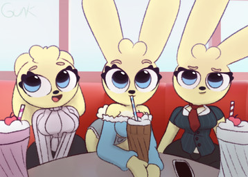 anthro beverage big_breasts blue_eyes bottomwear breasts cherry clone clothing collared_shirt crop_top diner dress_shirt drinking_straw eyelashes female food fruit fur group looking_aside looking_at_viewer necktie plant restaurant shirt shorts smile smoothie sweater topwear trio yellow_body yellow_fur guak amy_hope_(guak) lagomorph mammal hi_res