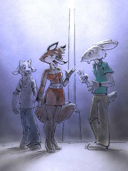 anthro bottomwear city clock clothed clothing female fur furgonomics group horn humor male money multicolored_body multicolored_fur naughty_face night pants prostitution pun shirt skirt street_lamp tail tail_through_skirt tongue tongue_out topwear trix_(cereal) visual_pun watch white_body white_fur wristwatch avoid_posting steve_gallacci bovid canid canine caprine fox goat lagomorph leporid mammal rabbit traditional_media_(artwork)