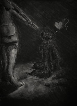 ambiguous_gender anthro asking asking_another black_body black_fur blood bodily_fluids disability dismemberment duo faceless_character fatal_wound fur gore gun heart_(marking) holding_gun holding_object holding_ranged_weapon holding_weapon imminent_death immobile markings pointing_gun pointing_gun_at_another question_mark ranged_weapon scratches severed_arm severed_body_part severed_leg severed_limb shotgun simple_background weapon tangerinefox casualties:_unknown canid canine expie_(gunsawian) gunsawian hybrid mammal murid rodent 2026 absurd_res chalk_(artwork) charcoal_(artwork) graphite_(artwork) greyscale hi_res monochrome traditional_media_(artwork)