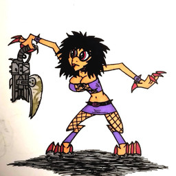 4_fingers 4_toes anthro bayonet belt big_breasts black_hair bottomwear bracelet breasts cleavage clothed clothed_anthro clothed_female clothing dewclaw digitigrade feet female female_anthro fingers fishnet_stockings gun hair holding_gun holding_object holding_ranged_weapon holding_weapon jewelry knife non-mammal_breasts non-mammal_hair ranged_weapon red_eyes skirt solo spiked_belt spiked_bracelet spiker_(halo) spikes toes toony topwear tube_top weapon doozy_the_boozy halo_(series) microsoft xbox_game_studios alien kig-yar ruuhtian scalie 1:1 marker_(artwork) pen_(artwork) traditional_media_(artwork)