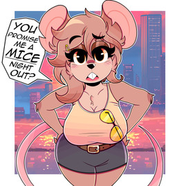 accessory anthro belt big_breasts border breasts brown_body brown_fur brown_hair buckteeth city clothed clothed_anthro clothed_female clothing detailed_background dialogue eyewear female fully_clothed fully_clothed_anthro fully_clothed_female fur hair hair_accessory hairclip hands_on_hips humor looking_at_viewer notched_ear pun river shirt solo speech_bubble sunglasses talking_to_viewer tank_top teeth text topwear white_border wireless_shiba leah_pines_(wireless_shiba) mammal mouse murid murine rodent absurd_res english_text hi_res
