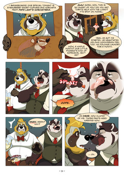 4_fingers anthro beard bedroom_eyes beverage black_body black_bottomwear black_clothing black_fur black_pants blonde_beard blonde_facial_hair blonde_hair blush bodily_fluids bottomwear bow_tie brown_body brown_bottomwear brown_clothing brown_fur brown_pants canon_couple cardboard closed_smile clothing cupcake dialogue duo eating eating_food eyes_closed facial_hair fingers food frosting frosting_on_face fur green_clothing green_topwear green_vest grey_body grey_fur hair heart_symbol imminent_sex lemonade licking licking_lips male male/male mature_anthro mature_male mouth_closed narrowed_eyes necktie onomatopoeia outside overweight overweight_anthro overweight_male page_number pants red_bow_tie red_necktie romantic romantic_couple seductive shirt sitting smile sound_effects speech_bubble spilled_drink sweat teasing term_of_endearment text tongue tongue_out topwear vest white_body white_clothing white_fur white_shirt white_topwear igiveyoulemons sweet_leaves colson_grainger sebastien_grainger american_badger badger canid canine mammal mustelid musteline raccoon_dog tanuki 2020 comic english_text hi_res multiple_scenes