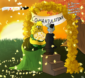 aircraft anthro big_breasts big_butt blue_body breasts butt clothed clothing dress duo eyelashes female flower flowers_in_hand fur green_clothing green_dress hair husband husband_and_wife larger_female machine male male/female married_couple overweight overweight_anthro overweight_female petals plant poofy_hair romantic romantic_ambiance romantic_couple size_difference smaller_male smile sunset tail text thick_thighs vehicle wedding wedding_dress wife yellow_body yellow_fur tuffthecat nintendo pokemon arum_(hornygoldyber) dew_(lewdewott) bear dewott generation_5_pokemon mammal pokemon_(species) ursine absurd_res digital_drawing_(artwork) digital_media_(artwork) english_text hi_res