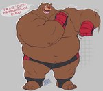 anthro belly big_cheeks brown_body chubby_cheeks clothed clothing cracking_joints footwear gloves handwear male muscular muscular_anthro muscular_male navel overweight overweight_anthro overweight_male red_nose simple_background solo speech_bubble underwear wrestler megawaffle_(artist) shane_(megawaffle) bear mammal 2023