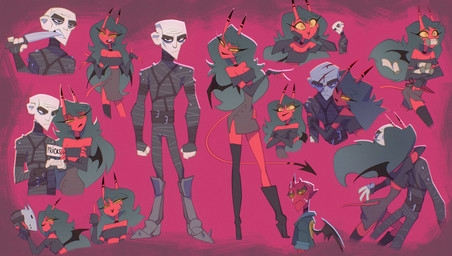 2_horns 4_fingers back_wings bald blood blood_on_face bodily_fluids breasts cleavage clothed clothing duo eyebrows female fingers gesture glowing glowing_eyes hand_gesture holding_knife holding_mask holding_object horn hug knife male middle_finger object_in_mouth picking_teeth red_body red_skin small_breasts text thick_eyebrows wings yellow_sclera bigdad hellaverse helluva_boss finn_talbert_(bigdad) kiki_(helluva_boss) demon demon_humanoid human humanoid mammal succubus 2026 english_text hi_res