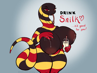 advertisement anthro bedroom_eyes beverage big_breasts blush bodily_fluids breasts curvy_figure dairy_products dripping_milk dripping_vulva female food forked_tongue genitals hand_on_breast lactating leaking_milk looking_at_viewer messy milkshake narrowed_eyes pupils seductive slit_pupils snaggle_tooth solo standing sweat thick_thighs tongue tongue_out voluptuous voluptuous_female vulva saucywench coral_snake elapid_(snake) reptile scalie snake hi_res