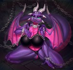 anthro big_breasts blue_eyes bound breasts camel_toe chain chained cleavage clothed clothing collar female huge_breasts membrane_(anatomy) membranous_wings non-mammal_breasts panties purple_body shackled solo spiked_collar spikes spread_legs spreading text underwear wings completealienation activision mythology spyro_the_dragon cynder dragon mythological_creature mythological_scalie scalie hi_res url