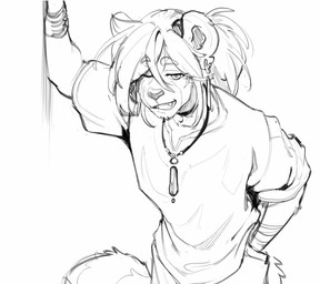 anthro clothed clothing ear_piercing eyebrow_through_hair eyebrows fur hair jewelry leaning leaning_forward male necklace one_eye_closed open_mouth piercing shirt solo t-shirt tail teeth topwear translucent translucent_hair inu-sama reed_thomas_(inu-sama) ailurid mammal red_panda absurd_res digital_drawing_(artwork) digital_media_(artwork) hi_res monochrome