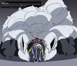 6_legs big_muscles big_pecs bone dialogue dialogue_box duo female grey_background huge_muscles huge_pecs hyper hyper_abdomen hyper_muscles hyper_pecs macro_female macro_taur male muscular pecs simple_background skeleton text white_body blendo overlord_(series) so_i'm_a_spider_so_what? ainz_ooal_gown kumoko arachnid arthropod human lich mammal spider taur undead absurd_res english_text hi_res