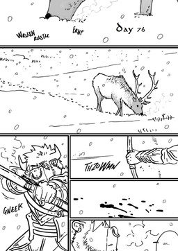 aiming_at_viewer armor arrow_(weapon) blood bodily_fluids bow_(weapon) dialogue holding_object holding_weapon male piercing ranged_weapon shooting snow solo text weapon husky92 european_mythology greek_mythology mythology bovid bovine deer humanoid mammal minotaur orc comic english_text hi_res monochrome multiple_scenes