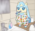 bathroom blue_body blue_eyes blue_fur blush bottle brush brushing brushing_teeth chibi clothed clothing container cupcake_print dewlap_(anatomy) dispenser_bottle female floppy_ears floral_clothing floral_pajamas floral_pattern floral_print food_print fully_clothed fur holding_container holding_object holding_squeeze_tube kemono long_ears lop_ears mirror multicolored_body multicolored_fur pajamas pattern_clothing pattern_pajamas print_clothing print_pajamas semi-anthro sink soap solo squeeze_tube swirl tan_body tan_fur thick_thighs toilet toilet_paper toothbrush toothpaste topwear two_tone_body two_tone_fur pyritie sofu_(pyritie) lagomorph leporid mammal rabbit 2021 digital_media_(artwork) hi_res