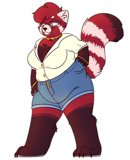 anthro barefoot belly big_breasts biped blue_short bottomwear bracelet breasts brown_body brown_countershading brown_markings button_(fastener) cherry chest_markings cleavage clothed clothed_anthro clothed_female clothing countershade_face countershade_feet countershade_fur countershade_hands countershade_torso countershading curly_hair denim denim_bottomwear denim_clothing denim_shorts eyewear facial_markings feet female female_anthro fluffy fluffy_tail food fruit fur glasses gloves_(marking) gold_(metal) gold_bracelet gold_jewelry gold_necklace green_eyes grin hair head_markings heart_(marking) inner_ear_fluff jewelry leg_markings markings namesake necklace open_mouth open_smile overweight overweight_anthro overweight_female plant rectangular_glasses red_body red_fur shorts smile socks_(marking) solo striped_markings striped_tail stripes tail tail_markings tear_(marking) teeth thick_thighs tuft white_body white_countershading white_dress_shirt white_ears white_inner_ear_fluff white_stripes strawberrymilkdog cherry_jubilee_(strawberrymilkdog) ailurid mammal red_panda hi_res