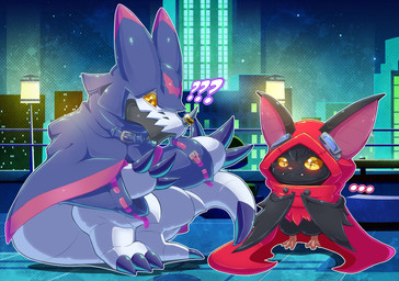 alternate_costume anthro black_body black_fur blush cape claws cloak clothing clothing_swap cowl duo fur male white_body wings yellow_eyes leafy97 bandai_namco digimon digimon_beatbreak chiropmon digimon_(species) hackmon scalie absurd_res hi_res
