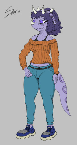 anthro black_bra black_clothing black_underwear blue_bottomwear blue_clothing blue_pants bottomwear bra breasts clothed clothed_anthro clothed_female clothing eyelashes facial_horn female fingers footwear freckled_shoulders freckles frill_(anatomy) grey_background hair hand_on_hip horn humanoid_hands long_eyelashes markings medium_breasts medium_hair midriff non-mammal_breasts orange_clothing orange_sweater orange_topwear pants pose purple_eyes purple_hair shoes simple_background smile solo spots spotted_face spotted_markings standing sweater tail topwear underwear lorikani cavemanon_studios snoot_game sera_(snoot_game) ceratopsian ceratopsid chasmosaurine dinosaur marginocephalian ornithischian prehistoric_species reptile scalie triceratops colored full-length_portrait hi_res portrait shaded