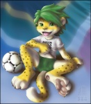 anthro ball biped blush clothing feet fur green_eyes green_hair hair hindpaw looking_at_viewer male mascot navel open_mouth pawpads paws short_hair sitting soccer soccer_ball soles solo south_africa sport tail text toes tongue undressing world_cup young young_anthro young_male zenthetiger fifa zakumi felid leopard mammal pantherine 2010 hi_res