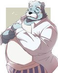 anthro belly black_nose blue_body clothing eyewear facial_hair glasses humanoid_hands kemono male mustache overweight overweight_male shirt solo topwear underwear emufu bear mammal 2024 hi_res