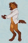 2022 a'wip_(charli_sox) anthro artist_logo blue_eyes bottomless brown_body brown_fur brown_mane closed_smile clothed clothing crotch_tuft dated featureless_crotch fur glistening glistening_eyes hi_res hyena logo male mammal mane markings mouth_closed open_clothing open_topwear orange_body orange_fur pawpads purple_nose purple_pawpads purple_spots riorix simple_background smile solo spots spotted_body spotted_fur spotted_legs spotted_neck standing topwear tuft white_clothing white_topwear