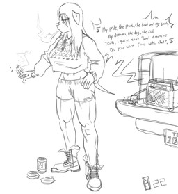 alcohol anthro athletic_wear beer beverage beverage_can big_breasts blowing_smoke boots bottomwear breasts cigarette clothing combat_boots cropped_hoodie eyes_closed female floppy_ears footwear gym_bottomwear gym_shorts hand_on_hip light_truck muscular muscular_anthro muscular_female muscular_legs pickup_truck shoes shorts simple_background smoking solo speaker speech_bubble standing text text_on_clothing text_on_topwear topwear truck vehicle nautilusbomb rachael_rodriguez canid canine canis domestic_dog mammal 2022 absurd_res english_text hi_res monochrome sketch