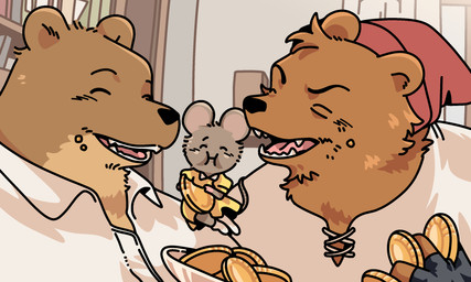 anthro black_nose bookshelf brown_body brown_fur clothed clothing eating eyes_closed food fur furniture group hat headgear headwear kemono male micro size_difference smile trio ham_won_art ernest_and_celestine bolero_(ernest_and_celestine) celestine_(ernest_and_celestine) ernest_(ernest_and_celestine) bear house_mouse mammal mouse murid murine rodent 2025 5:3 hi_res