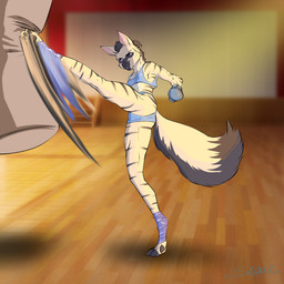 anthro barefoot biped blue_bottomwear blue_clothing blue_gloves blue_handwear blue_outfit blue_topwear bottomwear boxing boxing_gloves breasts butt camel_toe clothing crop_top crotch_lines curtains detailed_background digitigrade feet female flat_chested floor fluffy fluffy_tail footprint genital_outline gloves gym hair handwear high_kick kick kickboxing kicking_object leg_wrap leg_wraps legwear looking_at_object loose_shirt midriff motion_blur motion_lines muscular pawpads pawprint pawprint_clothing paws punching_bag purple_eyes serious serious_face shirt short_hair shorts side_boob solo sport sportswear spread_legs spreading stage stairs tail text topwear under_boob underfoot wood wood_floor wraps shane_nelson hayley_(windluck) aardwolf hyena mammal 1:1 2022 absurd_res colored digital_media_(artwork) english_text hi_res signature
