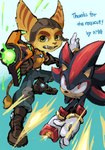 action_pose action_scene anthro black_body duo fur green_eyes gun male orange_body orange_fur pose ranged_weapon red_eyes shooting weapon yellow_body yellow_fur insomniac_games ratchet_and_clank sega sonic_the_hedgehog_(series) sony_corporation sony_interactive_entertainment ratchet_(ratchet_and_clank) shadow_the_hedgehog eulipotyphlan hedgehog lombax mammal absurd_res crossover hi_res