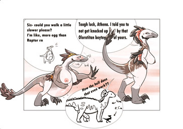 annoyed anthro blush bodily_fluids breasts breath cum dialogue duo egg eggnant erection exhausted feathers female genital_fluids lactating panting pregnant pregnant_anthro pregnant_female size_difference text unknown_artist dinosaur dromaeosaurid feathered_dinosaur feathered_scalie hadrosaurid olorotitan ornithischian ornithopod prehistoric_species reptile saurischian scalie theropod absurd_res english_text hi_res sibling_(lore) sister_(lore)