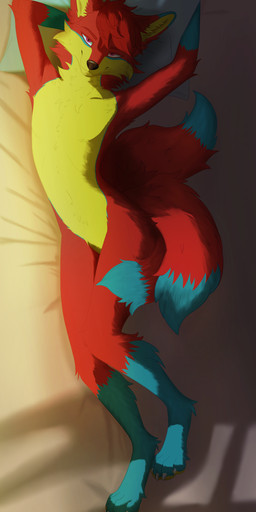 ambiguous_gender anthro bed biped bird's-eye_view black_nose blue_hands blue_markings blue_tail_tip claws digitigrade dipstick_tail featureless_chest featureless_crotch fur furniture gloves_(marking) hair high-angle_view inner_ear_fluff leg_markings looking_at_viewer lying markings multi_tail multicolored_body multicolored_fur on_bed on_side pawpads pink_eyes pose pupils red_body red_hair red_tail slit_pupils socks_(marking) solo tail tail_markings tuft white_claws yellow_body yellow_inner_ear_fluff yellow_pawpads red_the_kitsune red_(red_the_kitsune) canid canine fox mammal 2025 absurd_res digital_drawing_(artwork) digital_media_(artwork) full-length_portrait hi_res portrait shaded simple_shading watermark