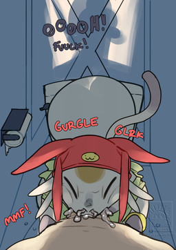 anthro bodily_fluids bottomless clothed clothing cum cum_from_mouth cum_from_nose cum_in_mouth cum_in_nose cum_inside deep_throat dialogue dominant dominant_human duo fellatio footwear forced genital_fluids green_clothing green_topwear hat headgear headwear human_penetrating male male/male onomatopoeia oral oral_penetration penetration penile rape sex sitting sitting_on_toilet sound_effects text toilet toilet_paper topwear drstrangeluvve space_dandy dandy_(space_dandy) meow_(space_dandy) betelgeusian human mammal english_text hi_res