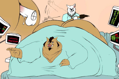 anthro death_feederism duo heart_issues male male/male morbidly_obese obese obese_male overweight overweight_male unknown_artist canid canine canis domestic_pig mammal suid suine sus_(pig) wolf