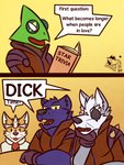 anthro book dialogue eye_patch eyewear group male melanistic text whiskers ventkazemaru nintendo star_fox fox_mccloud leon_powalski panther_caroso wolf_o'donnell canid canine canis chameleon felid fox lizard mammal pantherine reptile scalie wolf 3:4 comic english_text hi_res