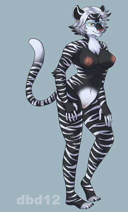 anthro bangs black_body black_fur breasts chest_tuft ear_piercing eyewear feet female fur genitals glasses green_eyes hair nipples nude piercing plantigrade rectangular_glasses short_hair smile solo stripes tail toes tuft vulva white_hair dizzy_by_design sarah_(minkluv) felid mammal pantherine tiger 2012