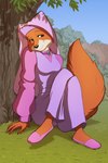 anthro bottomwear clothing crossed_legs female fingers footwear fur lidded_eyes outside plant scenery shoes sitting slippers solo topwear tree tree_trunk leo-artis disney robin_hood_(disney) maid_marian canid canine fox mammal red_fox true_fox 2023 2:3 absurd_res digital_media_(artwork) hi_res