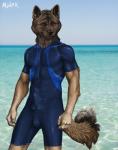 anthro beach black_claws black_tail blue_clothing blue_sky bodysuit brown_body brown_fur brown_tail bulge claws clothed clothing day detailed_background detailed_bulge erection erection_under_clothing front_view fur genital_outline looking_at_viewer male multicolored_body multicolored_fur multicolored_tail outside penis_outline sea seaside skinsuit sky solo standing tail tan_body tan_fur tight_clothing two_tone_body two_tone_fur water white_tail yellow_eyes nylak hurst akita canid canine canis domestic_dog mammal spitz 2011 digital_media_(artwork) portrait signature three-quarter_portrait