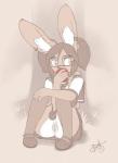 anthro apple biped clothed clothing ear_piercing eyewear female food footwear fruit genitals glasses legwear piercing plant pussy school_uniform simple_background sitting socks solo spread_legs spreading uniform upskirt bonk maddy_(bonk) lagomorph leporid mammal rabbit absurd_res digital_media_(artwork) hi_res