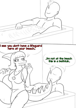 anthro bald bathing bathtub big_breasts bone_frill breasts clothing curvy_figure dialogue duo eyelashes female frill_(anatomy) human_on_anthro interspecies life_preserver lifeguard_swimsuit long_tail male male/female one-piece_swimsuit partially_submerged smile snout spiked_tail spikes spikes_(anatomy) swimwear tail text thick_thighs voluptuous voluptuous_anthro voluptuous_female water arsenic_iii cavemanon_studios i'm_not_at_the_beach_this_is_a_bathtub i_wani_hug_that_gator snoot_game anon_(snoot_game) mia_moretti dinosaur hadrosaurid human mammal ornithischian ornithopod parasaurolophus prehistoric_species reptile scalie 2024 comic english_text hi_res meme monochrome