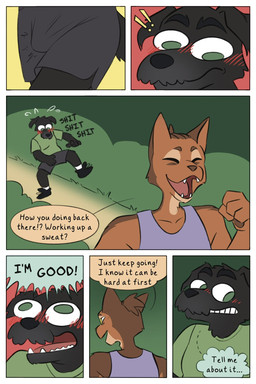 anthro blush bodily_fluids bottomwear bulge clothing crop_top dialogue duo embarrassed erection exclamation_point footwear jogging male outside shirt shoes shorts speech_bubble sweat text topwear unwanted_erection demilittleguy dave_(demilittleguy) james_(demilittleguy) canid canine canis domestic_cat domestic_dog felid feline felis mammal comic english_text hi_res