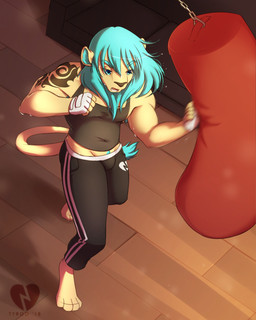 4_toes 5_fingers anthro athletic athletic_anthro athletic_male barefoot blue_eyebrows blue_eyes blue_hair bodily_fluids bottomwear bulge clothing exercise eyebrows feet fingerless_gloves fingers floor fur gloves hair handwear male muscular muscular_anthro muscular_male open_mouth pants punch punching_bag shirt solo sweat sweatpants tank_top tattoo teeth toes tongue topwear wood wood_floor workout tyroo bladecashew felid lion mammal pantherine 2018 4:5 absurd_res digital_media_(artwork) hi_res