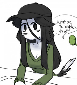 anthro arm_support black_body black_eyes black_fur black_hair black_nose breasts cleavage clothed clothing dialogue dipstick_tail duo eyelashes eyeless female floppy_ears fur green_body green_skin hair hat headgear headwear long_hair looking_at_another male markings mouthless multicolored_body multicolored_fur neck_tuft open_mouth pupils shadow shirt speech_bubble tail tail_markings text topwear tuft two_tone_body two_tone_fur white_body white_fur thighlordash anon bridgette_(thighlordash) canid canine canis domestic_dog human hunting_dog mammal terrier english_text hi_res