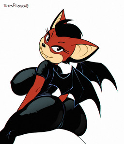anthro bat_wings big_breasts big_butt black_bottomwear black_clothing black_eyes black_hair black_nose black_topwear bottomwear breasts butt clothed clothing crossgender eyelashes fangs female hair membrane_(anatomy) membranous_wings mtf_crossgender nipple_outline rear_view red_body red_ears solo teeth topwear wings totesfleisch8 acclaim aero_the_acro-bat_(series) aero_the_acro-bat bat mammal 2023 hi_res