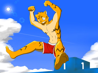 5_fingers 5_toes anthro barefoot biped bottomwear brown_body brown_fur clothed clothing cloud collarbone day feet fingers fist fur hands_above_head humanoid_feet humanoid_hands jumping lens_flare male orange_body orange_fur outside pecs plantigrade red_bottomwear red_clothing shorts simple_background skimpy sky smile solo stripes sun tan_body tan_fur teeth toes topless aganenaga felid mammal pantherine tiger 2017 4:3 cel_shading hi_res shaded