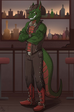 anthro bar biped black_bottomwear black_clothing black_pants black_topwear black_vest boots bottomwear bracelet clothed clothing cowboy_hat crossed_arms devil_horns_(gesture) ear_piercing eyebrow_piercing eyewear facial_piercing footwear front_view gesture goggles green_body green_scales grin hand_gesture hat headgear headwear inside jewelry lip_piercing lip_ring looking_at_viewer male nose_piercing nose_ring pants piercing ring_piercing scales shoes smile solo standing teeth topwear vest fuf european_mythology mythology quillum_homewood dragon mythological_creature mythological_scalie scalie western_dragon 2019 2:3 hi_res