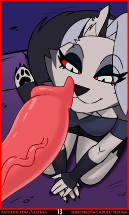 all_fours animal_genitalia animal_penis anthro bodily_fluids canine_genitalia canine_penis clothed clothing collar disembodied_penis duo erection eyebrow_piercing eyes_closed facial_piercing female genitals grey_body hair infidelity kneeling licking male male/female open_mouth oral pawpads penile penis penis_lick piercing red_eyes saliva sex smile solo_focus tongue tongue_out vein veiny_penis vestina hellaverse helluva_boss mythology loona_(helluva_boss) vortex_(helluva_boss) canid canid_demon canine demon hellhound mammal mythological_canine mythological_creature 2025 2d_animation animated animated_comic comic frame_by_frame hi_res long_playtime no_sound video