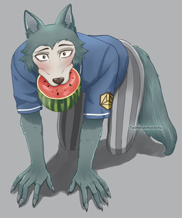 5_fingers all_fours anthro black_nose claws clothed clothing fingers food fruit humor looking_at_viewer male melon plant simple_background solo text watermelon choc0chu beastars legoshi_(beastars) canid canine canis mammal wolf 2020 artist_name comment_chain lol_comments meme