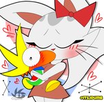 anthro beak blush bow_accessory bow_ribbon breasts cat_tail clothed clothing dress duo female heart_symbol kiss_on_lips kissing larger_female male male/female simple_background size_difference smaller_male tail whiskers white_body jdone mario_bros nintendo carlota_the_kittycat rayoshi_(jdone) domestic_cat felid feline felis mammal yoshi 2024 digital_media_(artwork) hi_res