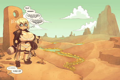 big_breasts blonde_hair bodily_fluids boots breasts brown_boots brown_clothing brown_footwear brown_jacket brown_topwear clothing dagger desert dialogue ear_piercing ear_ring female fingerless_gloves footwear gesture gloves grappling_hook green_eyes hair hand_gesture handwear hooded_jacket humanoid_pointy_ears jacket looking_at_viewer melee_weapon nipples not_furry oasis offscreen_character panties piercing pointing pointy_ears profanity ring_piercing shoes solo speech_bubble standing sweat text thick_thighs topwear translucent translucent_clothing underwear weapon rapscallion dwarf elf humanoid hybrid 2026 english_text hi_res
